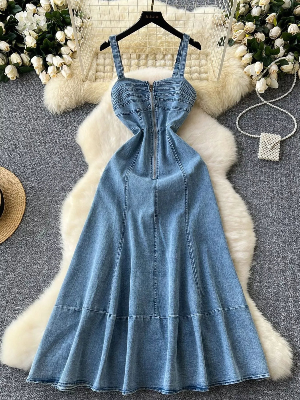 Sleeveless Zip-Front A-Line Denim Dress in Blue