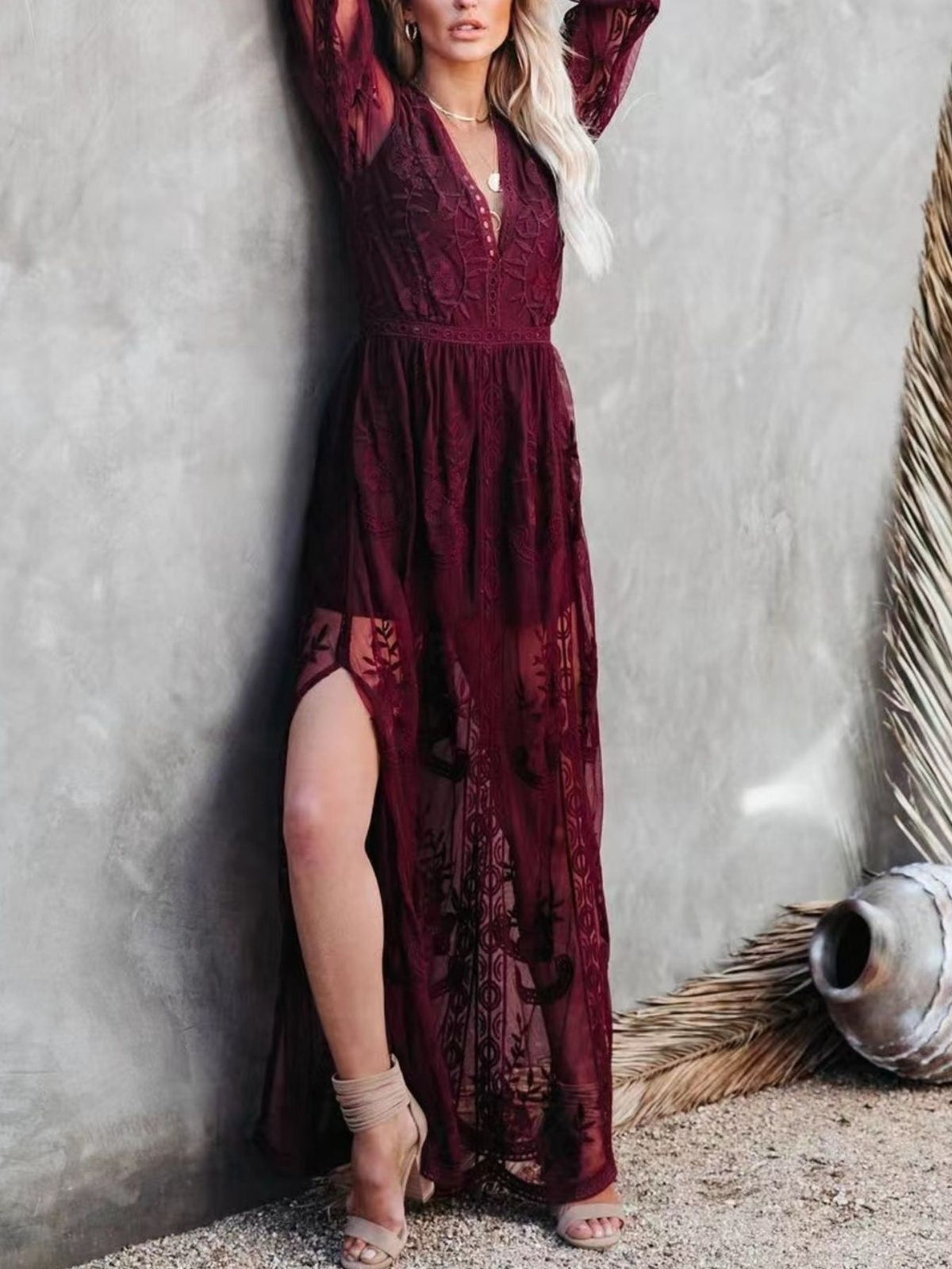 Floral Lace Maxi Dress with Side Slit