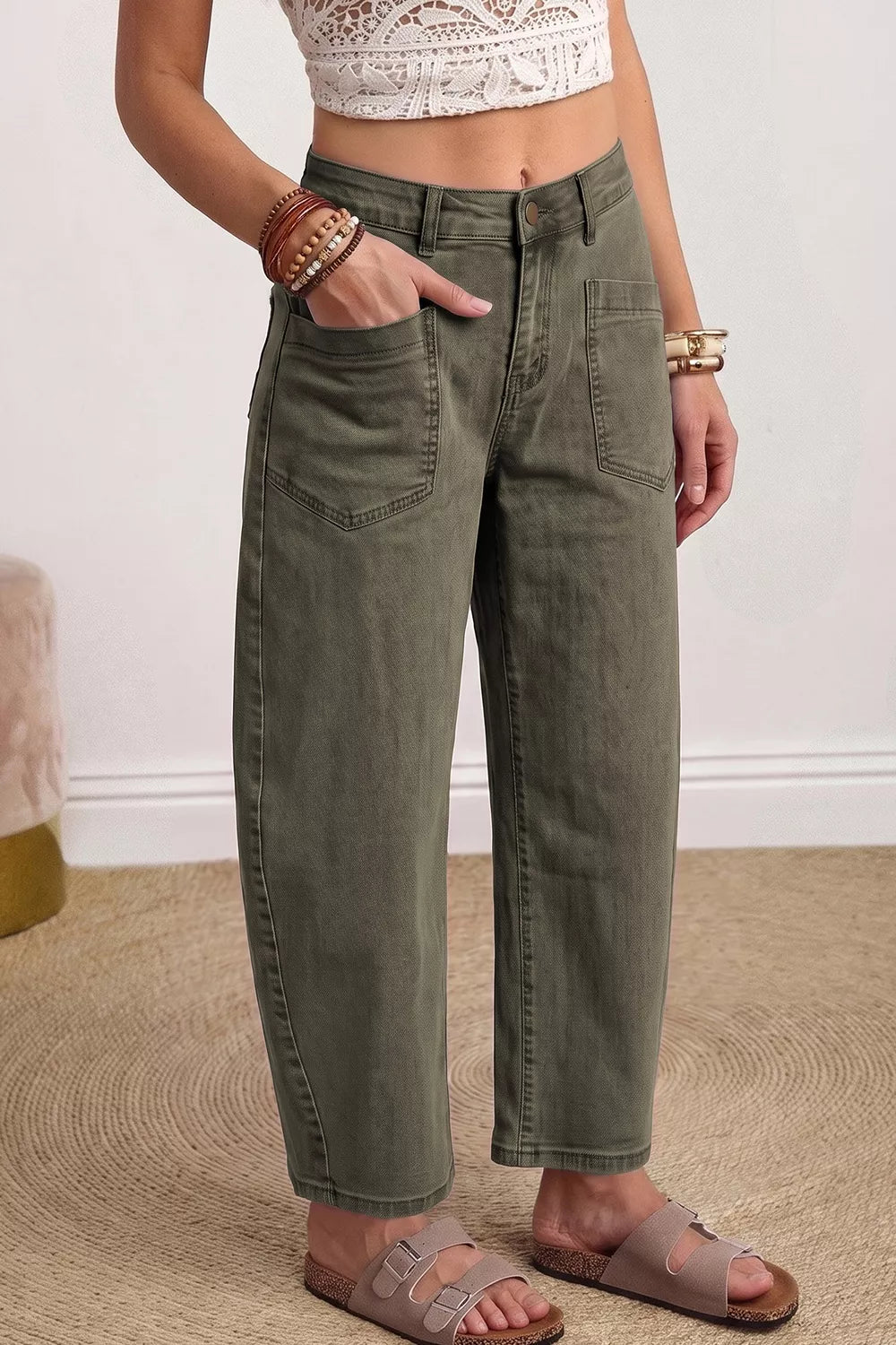 Square Patch Pocket Barrel Jeans in Army Green