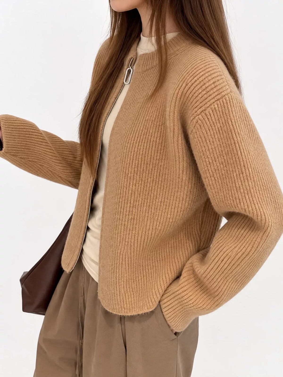 Zip-Up Dropped Shoulder Ribbed Cardigan