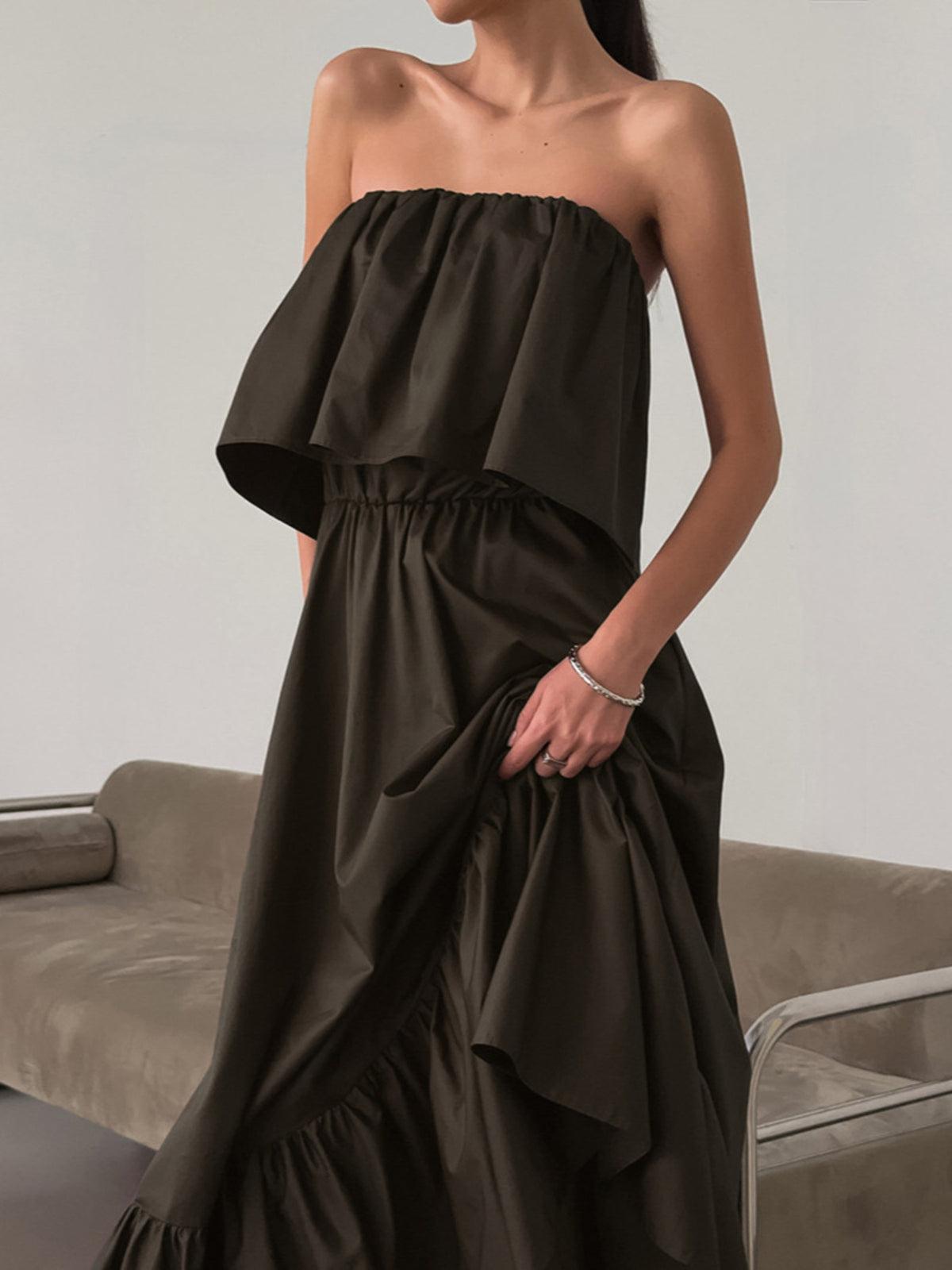 Off-Shoulder Tiered Maxi Dress in Chocolate