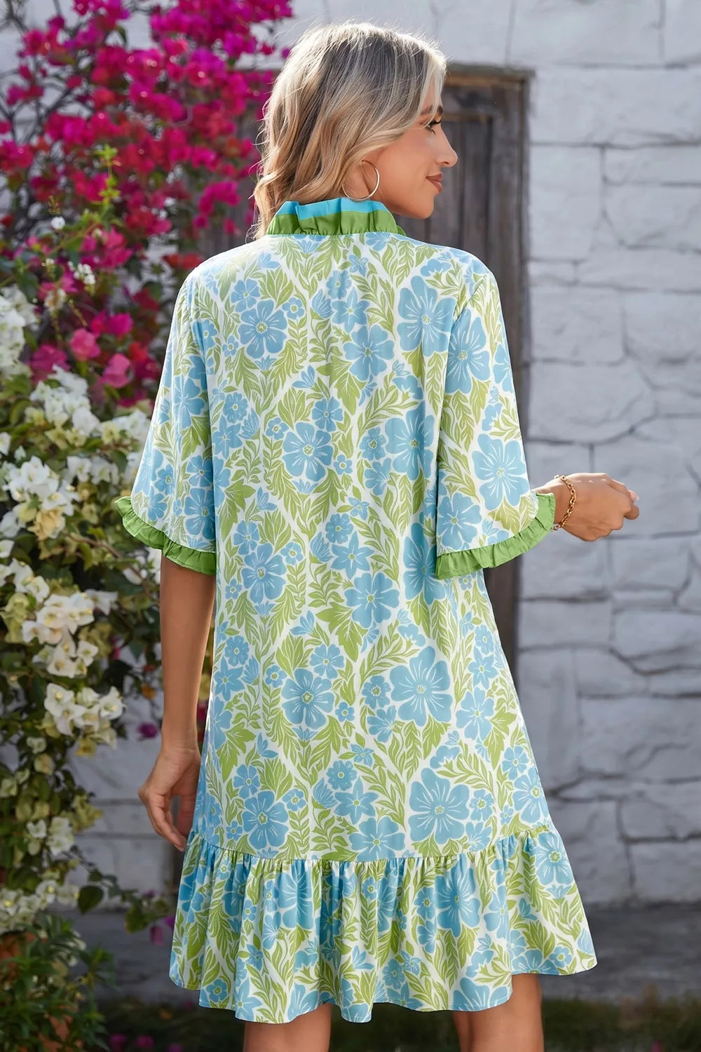 Floral Print Button-Up Mini Dress in Gum Leaf