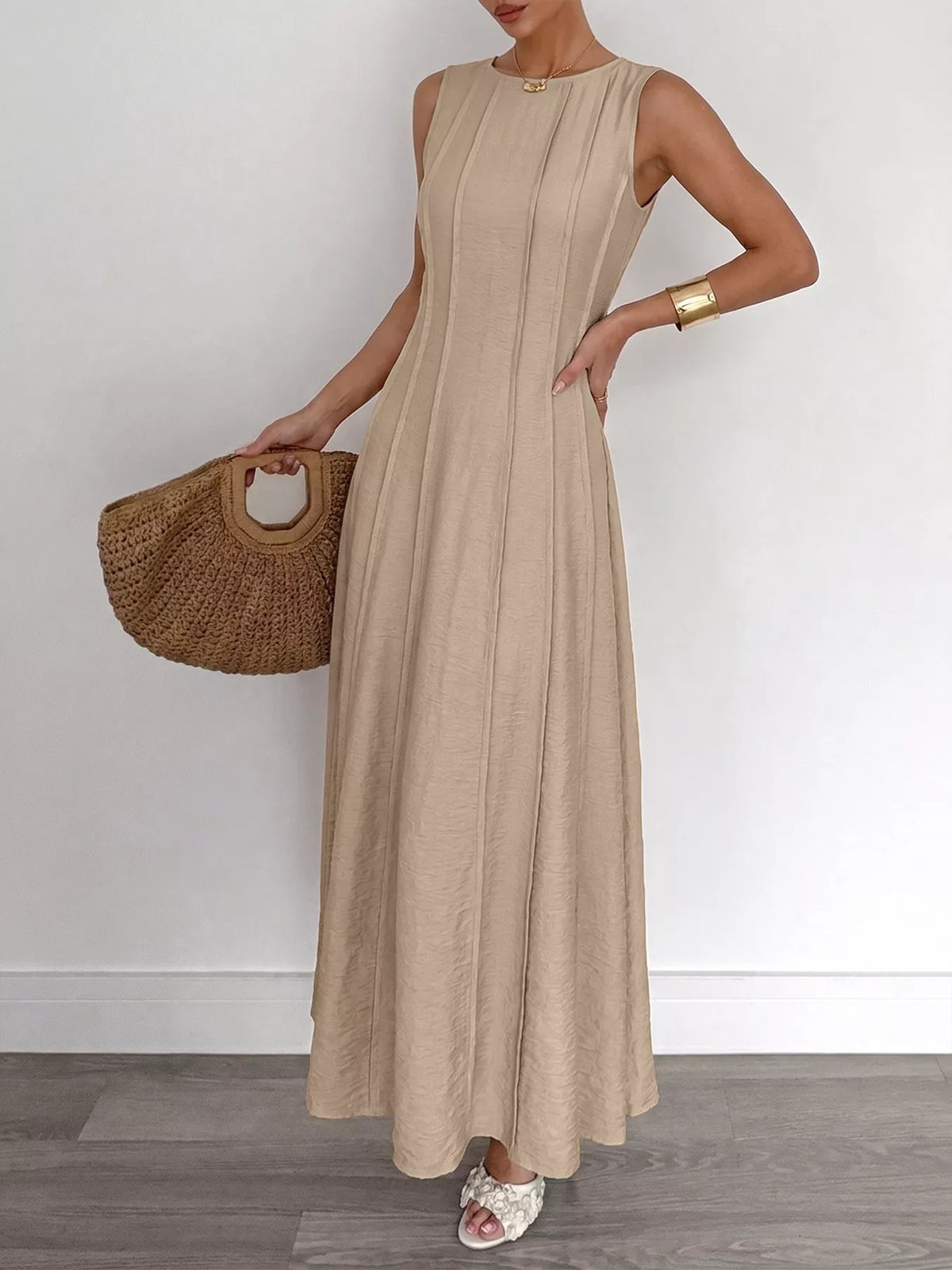 Round Neck Sleeveless Texture Maxi Dress in Khaki