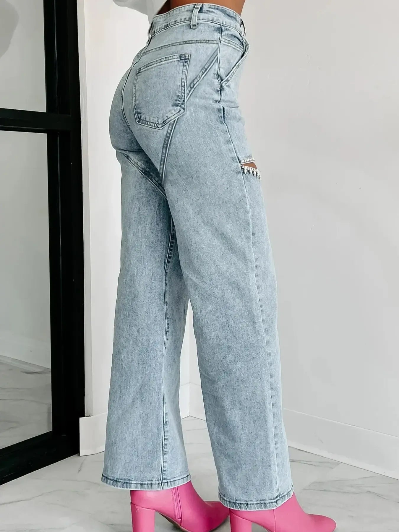 High Waist Cut-Out Wide Leg Jeans in Light Blue