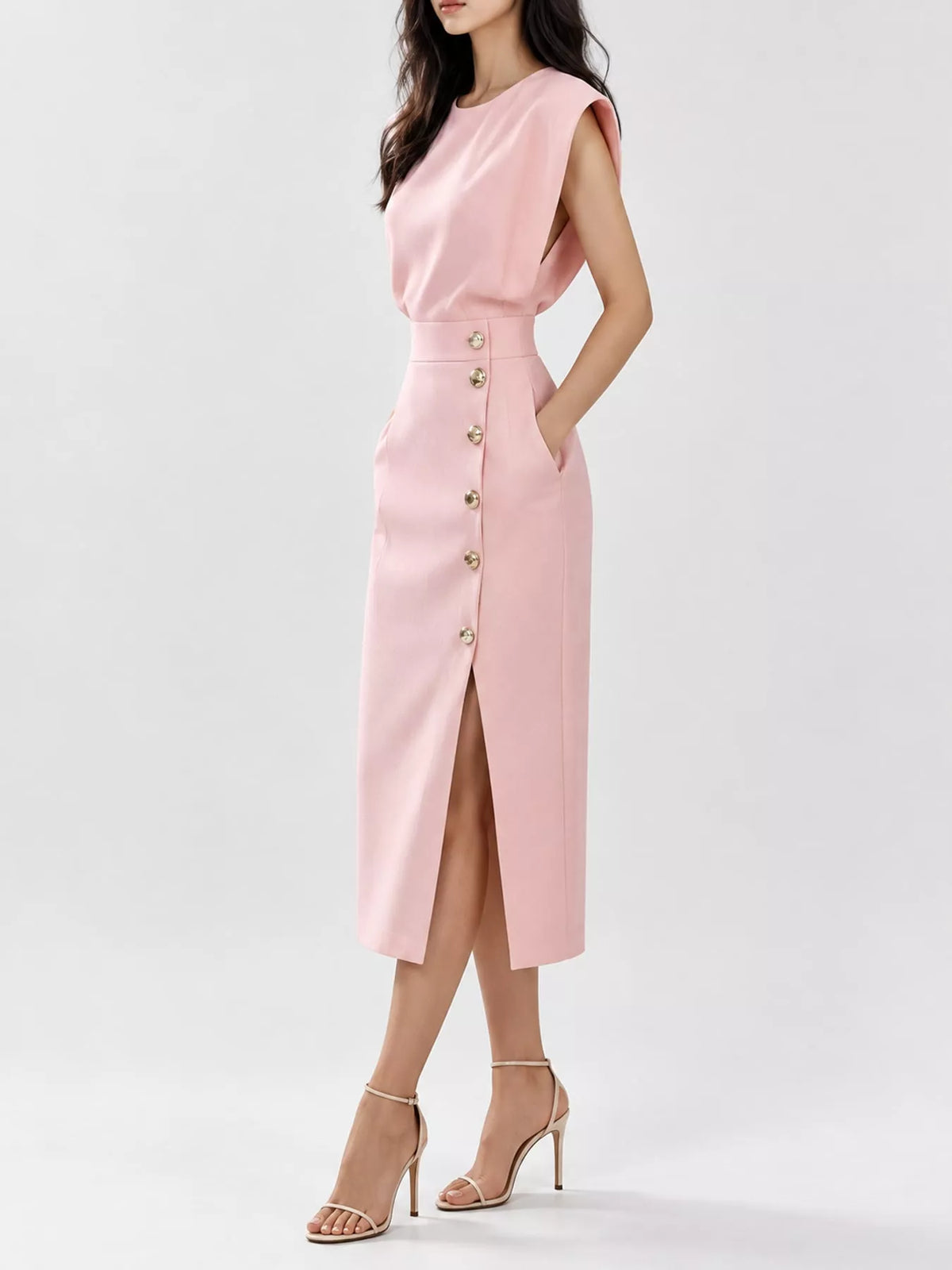 Sleeveless Midi Dress with Gold Button Detail