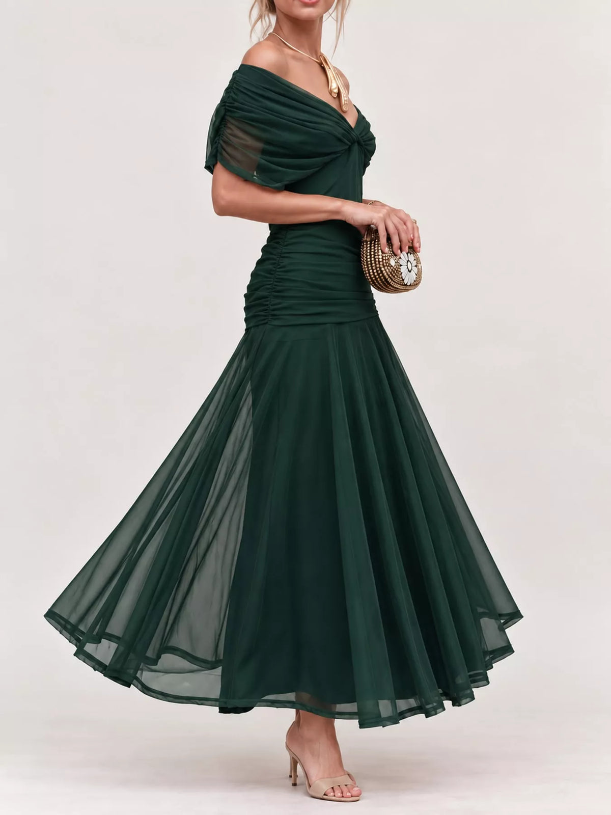 Off-Shoulder Ruched Tulle Evening Maxi Dress