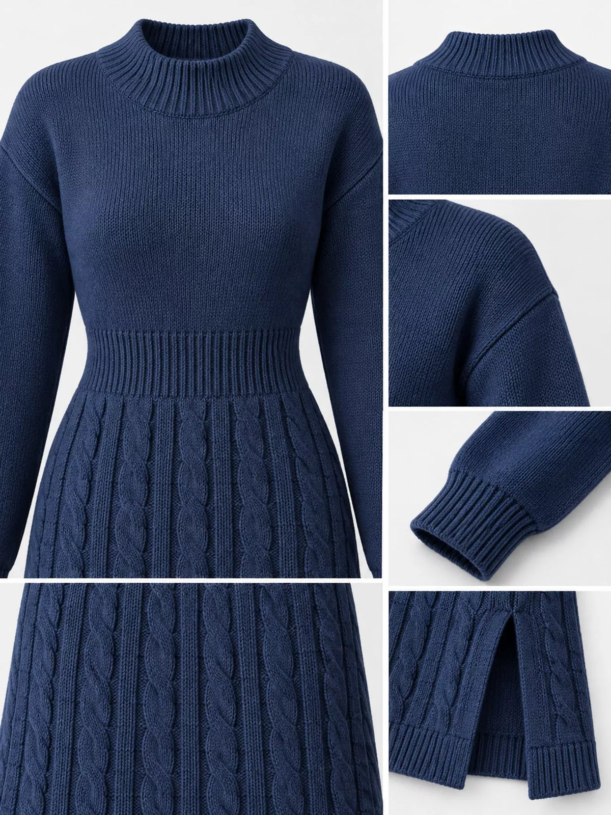 Mock Neck Cable Knit Sweater Dress with Front Slit