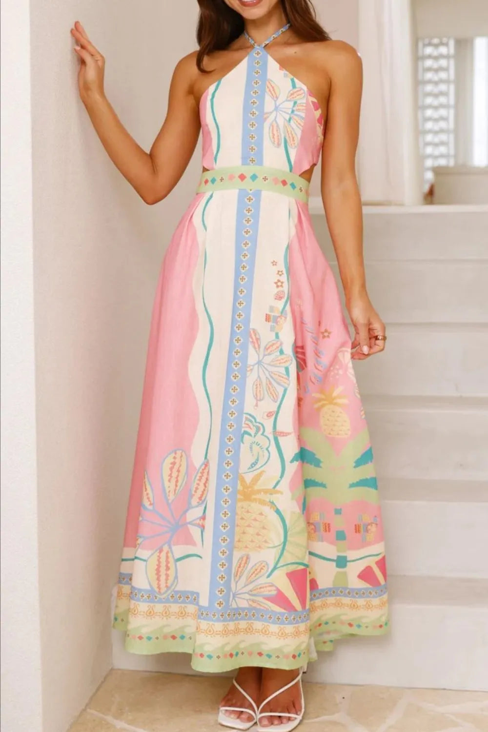 Printed Halter Maxi Dress in Blush Pink