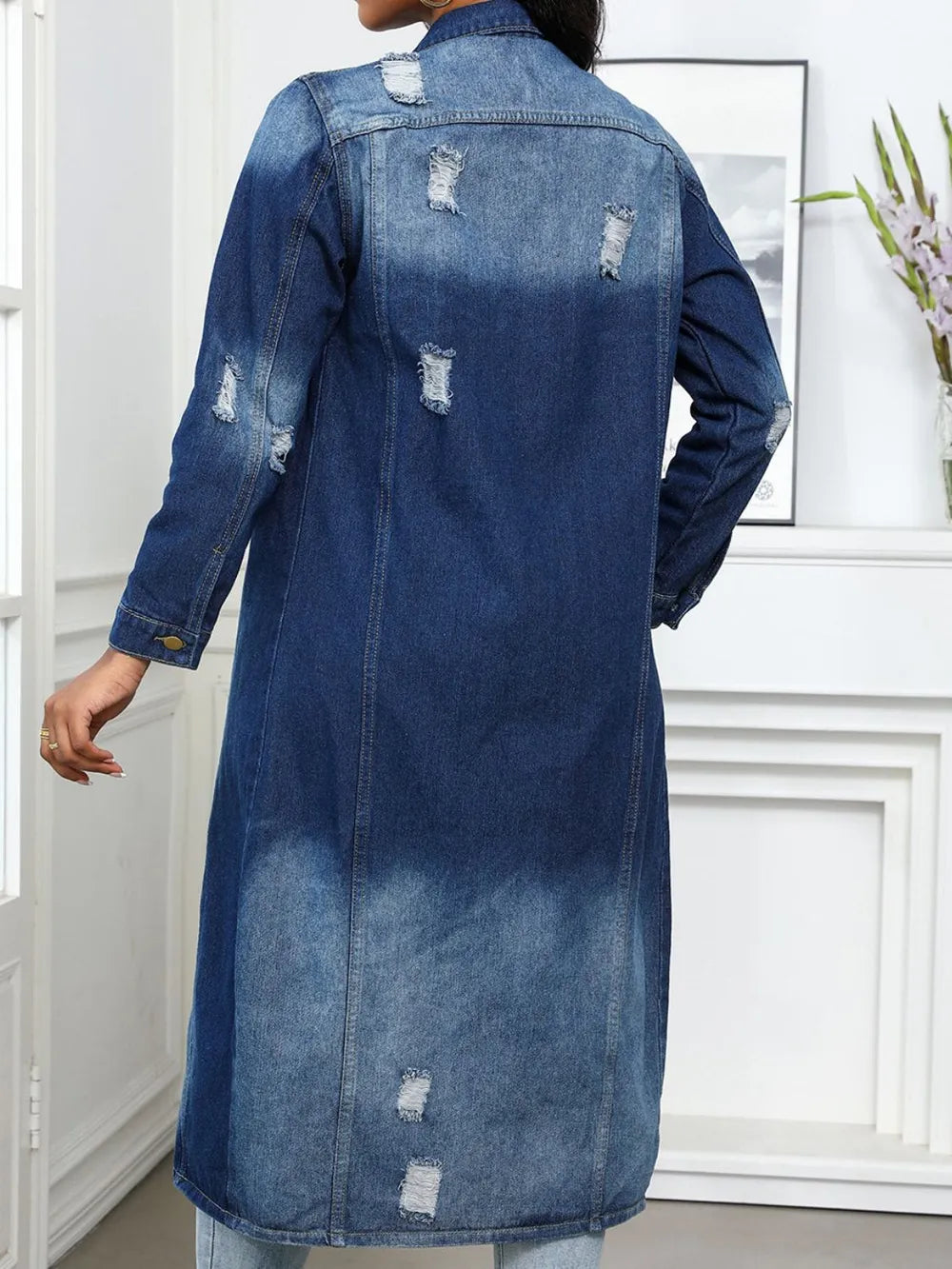 Distressed Button-Up Collared Denim Top in Medium Wash by DE.C.H & K.M