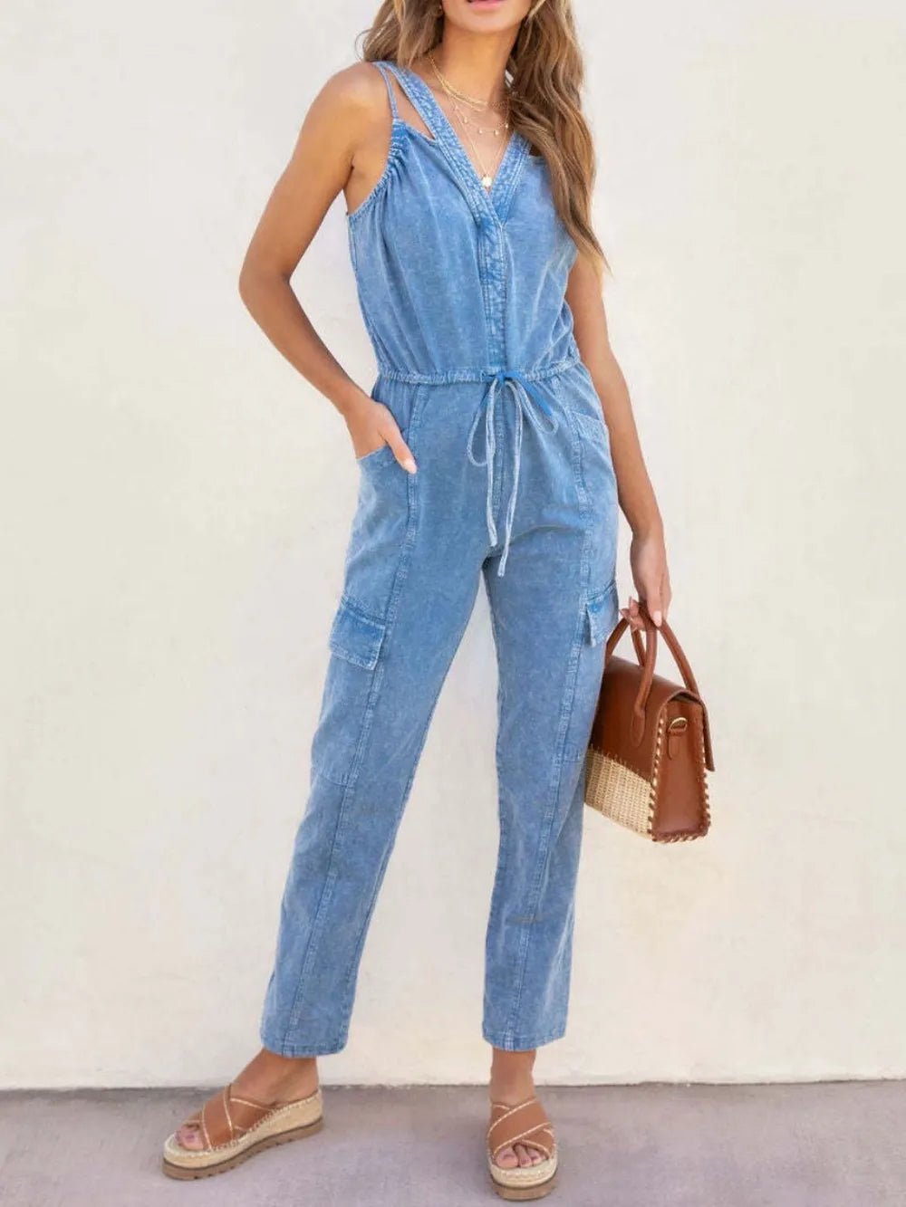 V-Neck Denim Jumpsuit in Medium Wash by Y.Y@Denim