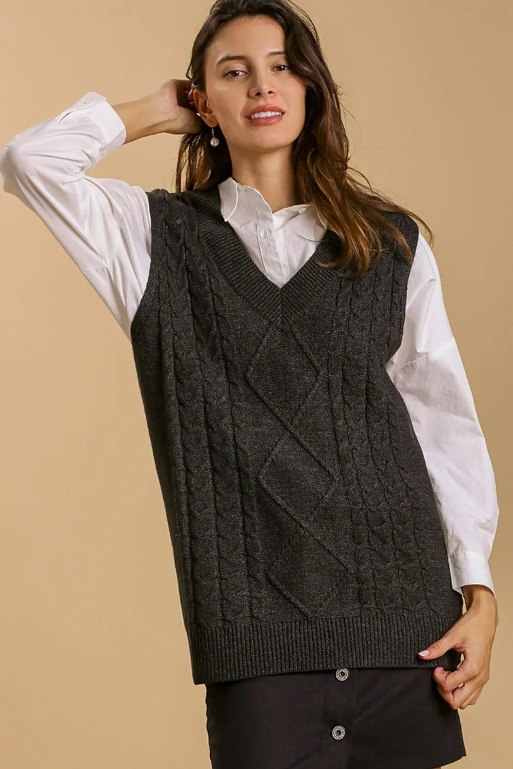 Umgee Cable Knit V-Neck Sweater Vest in Black