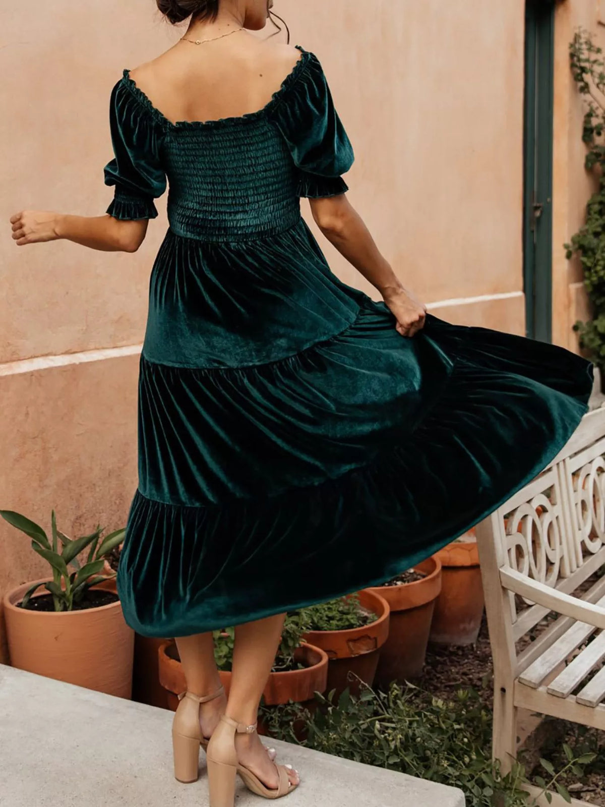 Smocked Tiered Velvet Midi Dress