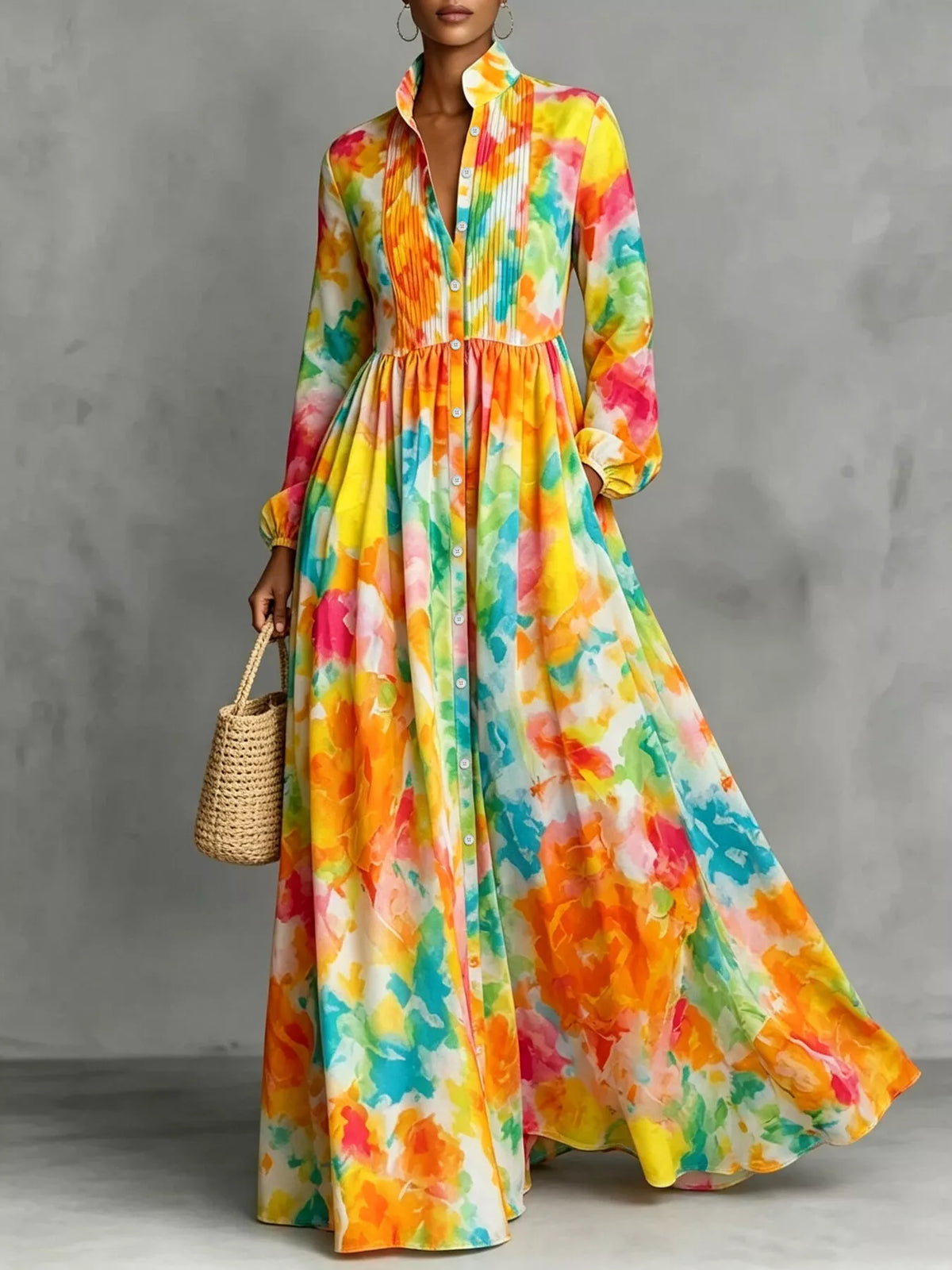 Watercolor Print Button-Down Maxi Dress in Multicolor