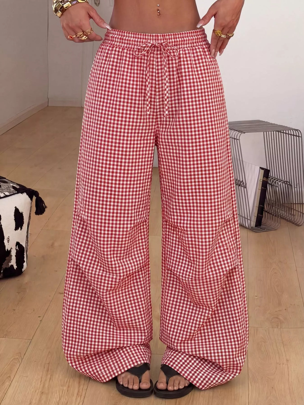 High-Waisted Gingham Drawstring Wide-Leg Pants