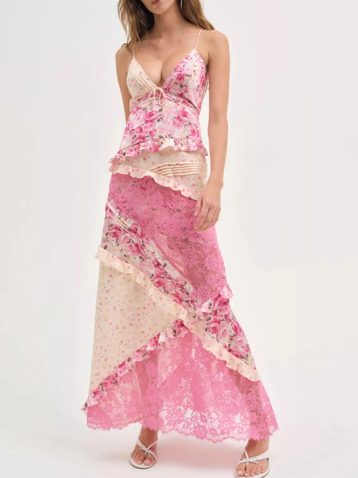 Lace Floral Ruffle Trim Maxi Dress