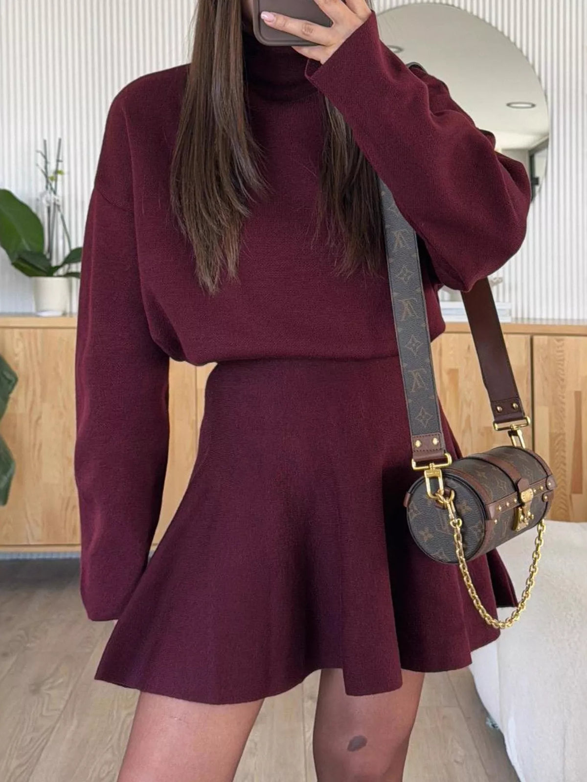 Mock Neck Knit Top and Flared Skirt Set