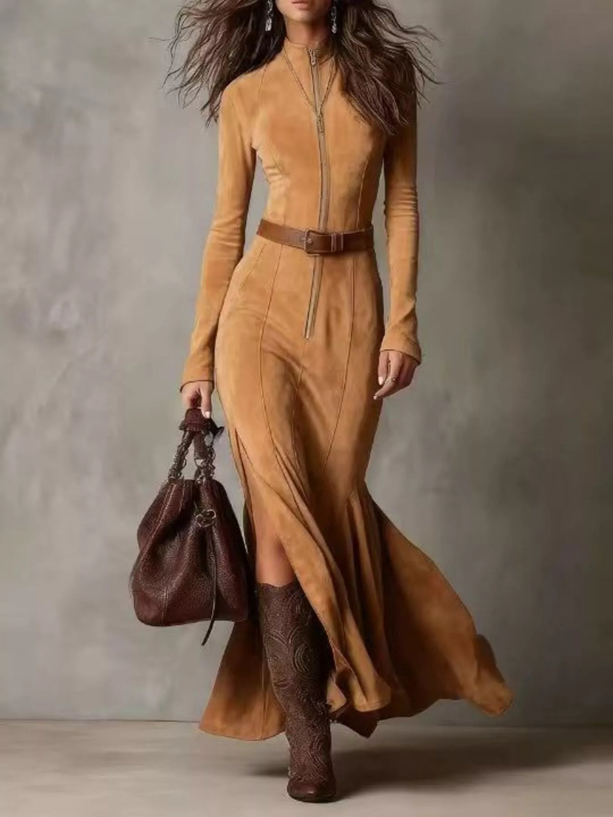 Zip Front Belted Slit Long Sleeve Dress
