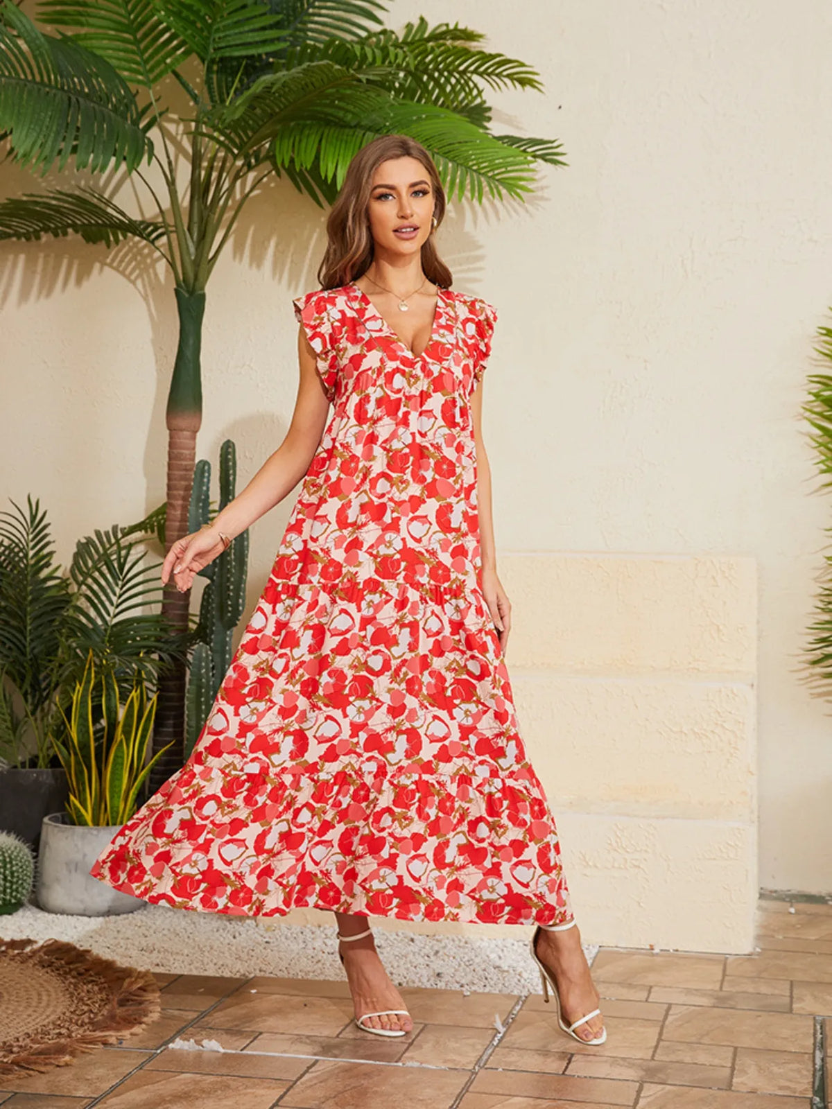Floral V-Neck Cap Sleeve Summer Dress by Elaine