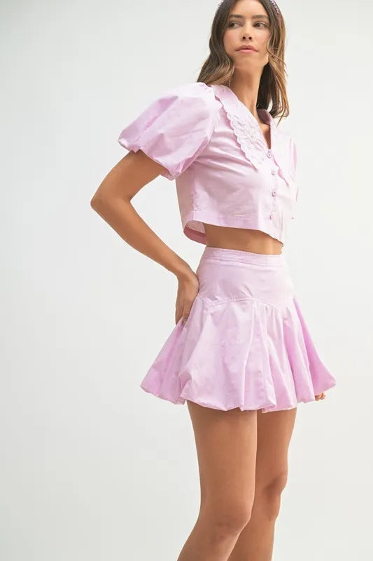 Puff Sleeve Button-Down Top and Bubble Skirt Set in Lavender
