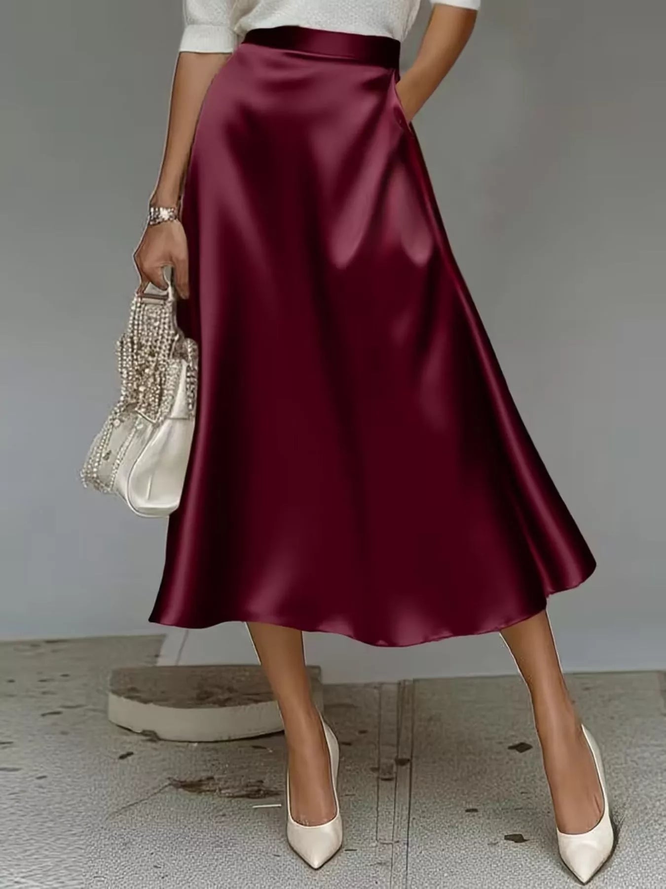 Satin Midi Skirt with Pockets