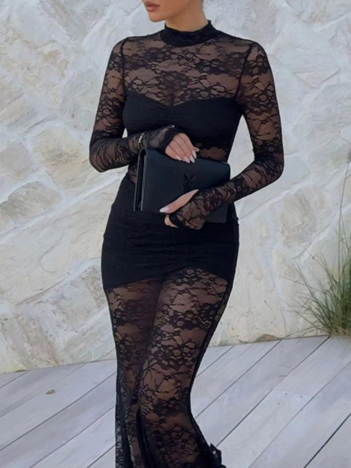 Lace Sheer Mock Neck Maxi Dress