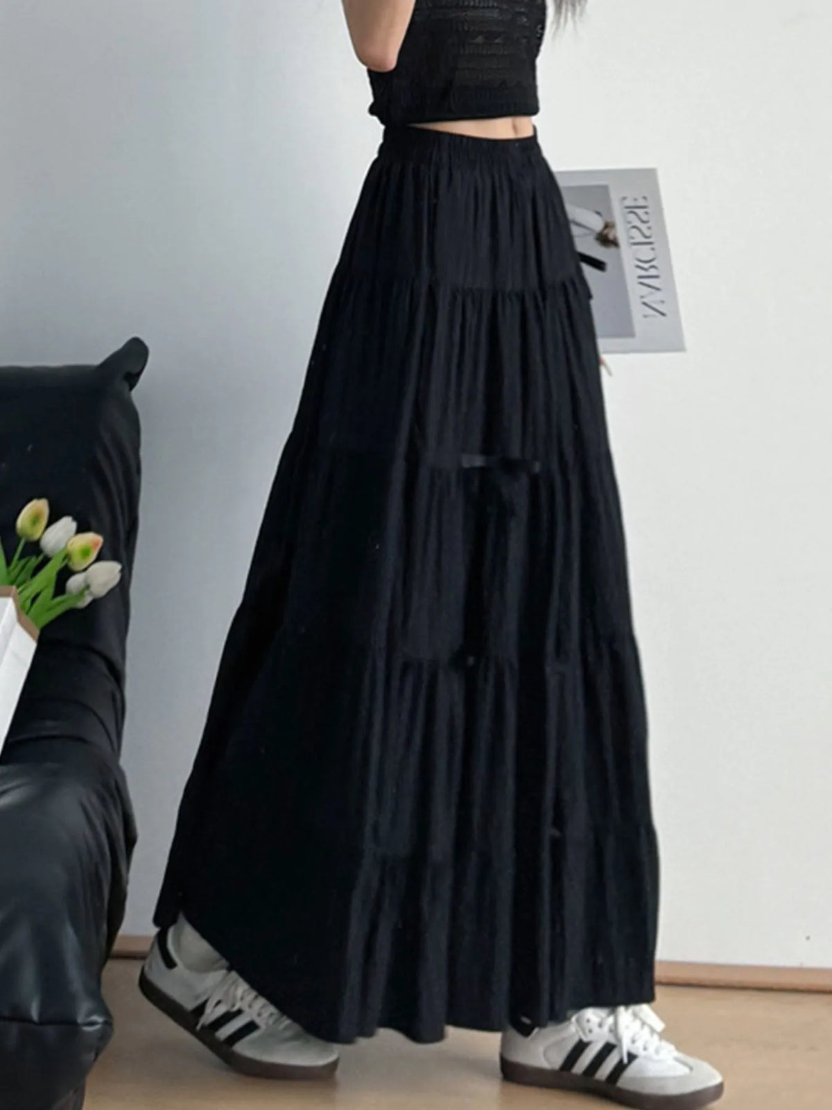 Tiered Bow Maxi Skirt with Elastic Waist
