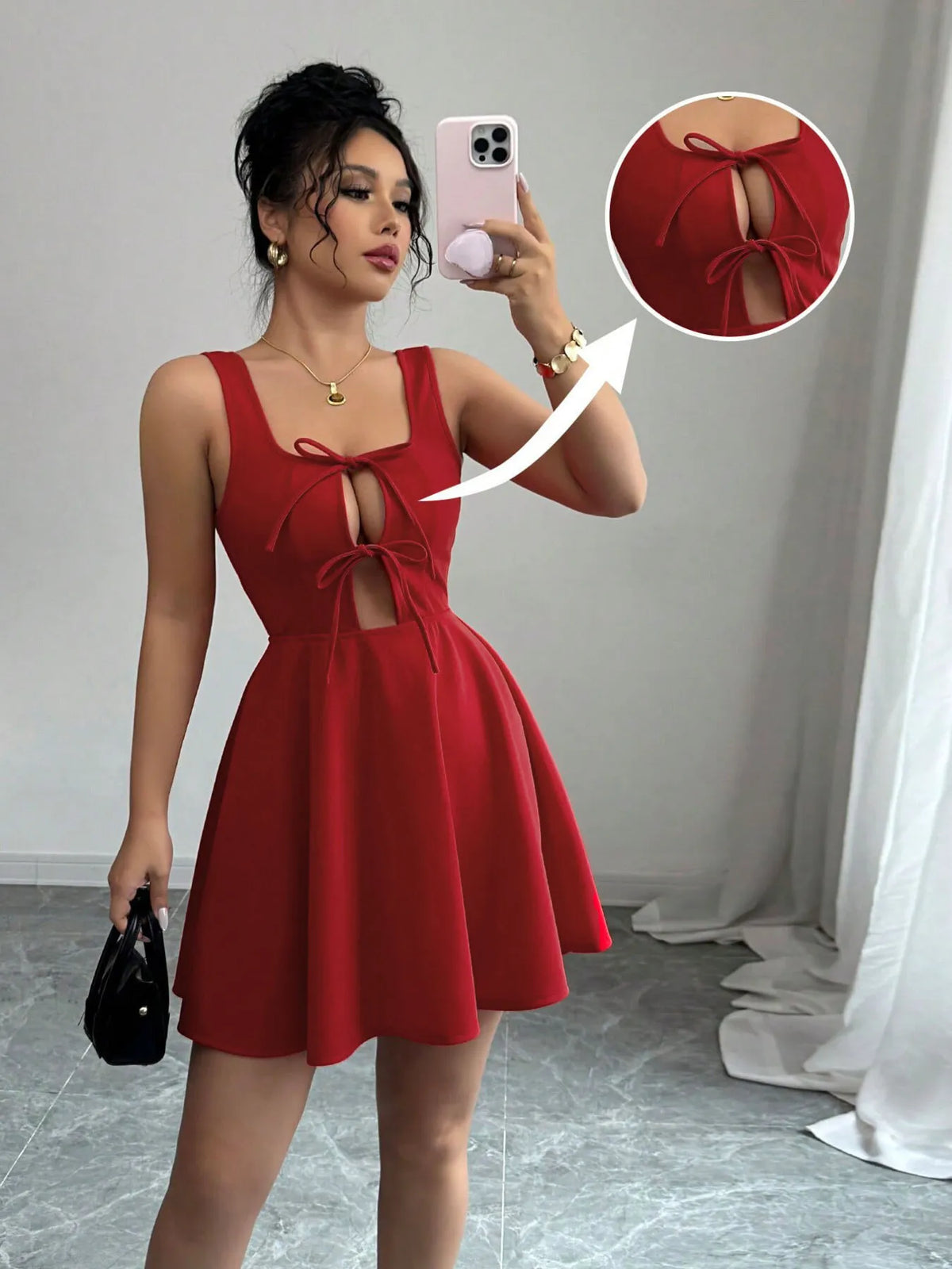 Tie-Front Lace-Up Cutout Dress in Red