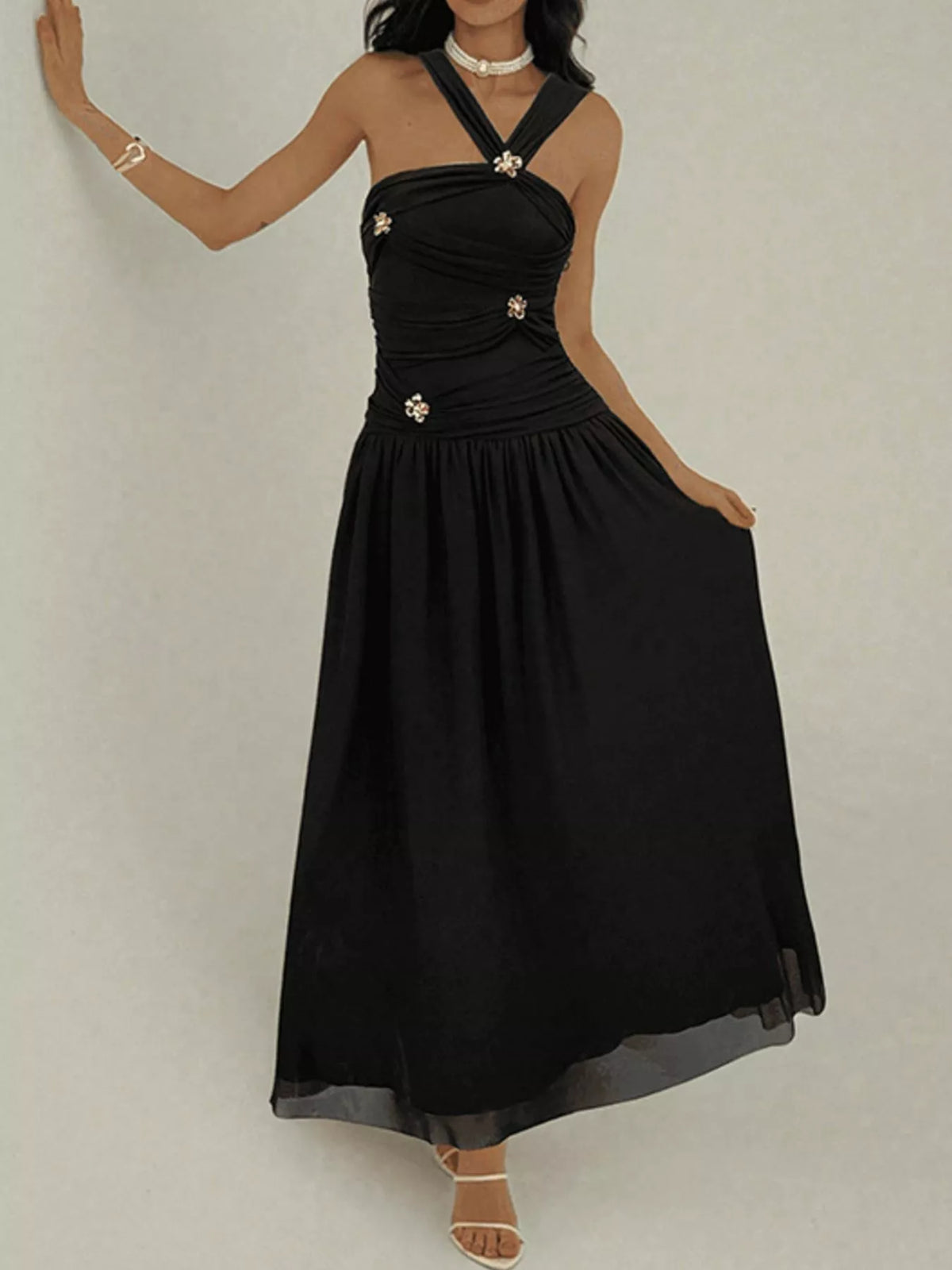 Ruched Sleeveless Maxi Dress with Embellishments in Black