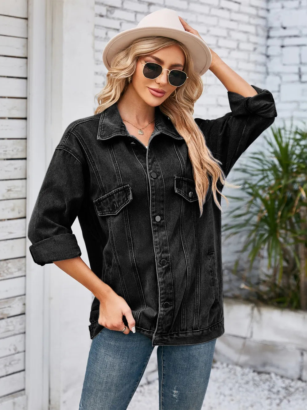 Button-Up Long Sleeve Denim Jacket with Pockets by Manny