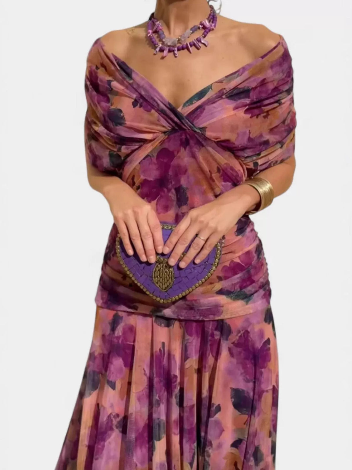 Off-Shoulder Mesh Ruched Maxi Dress, Plus Size