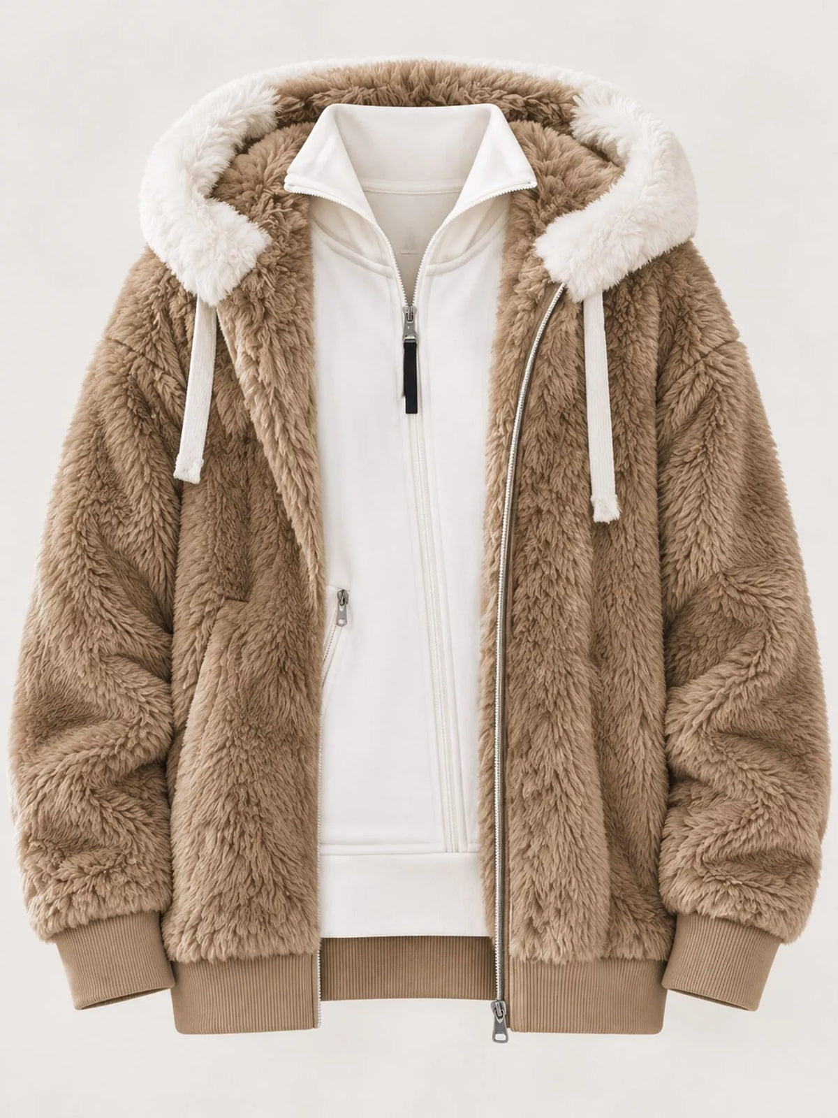 Faux Fur Hooded Zip-Up Jacket in White