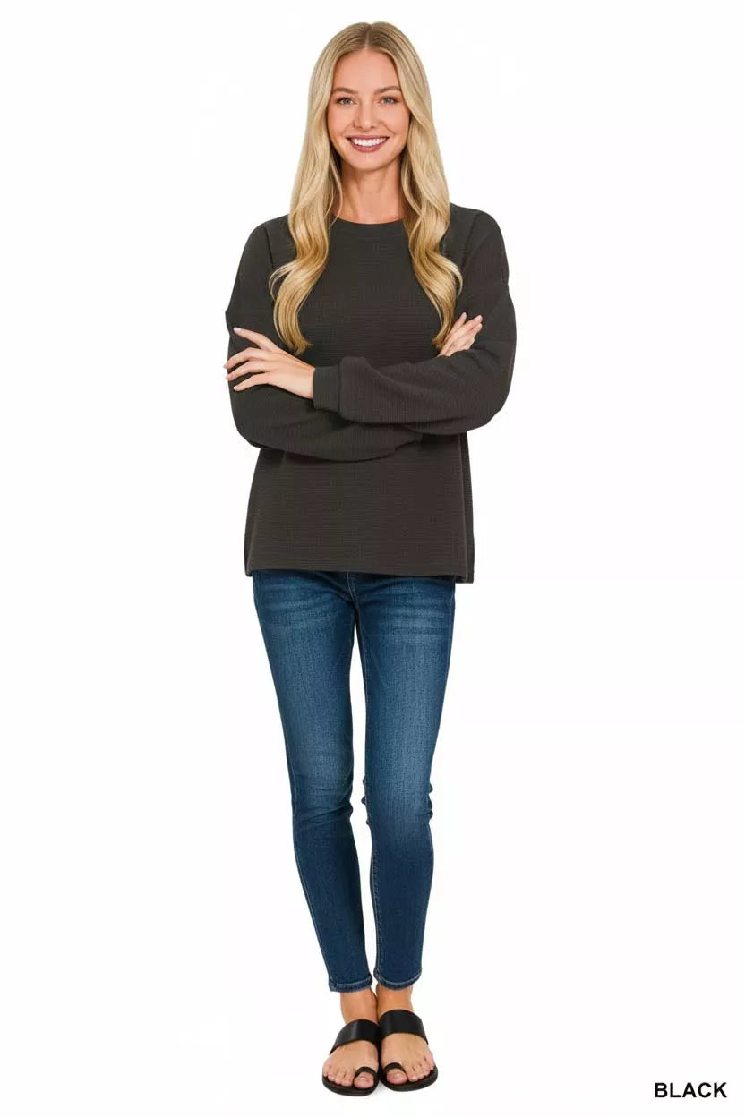 Zenana Double Knit Round Neck Top in Black