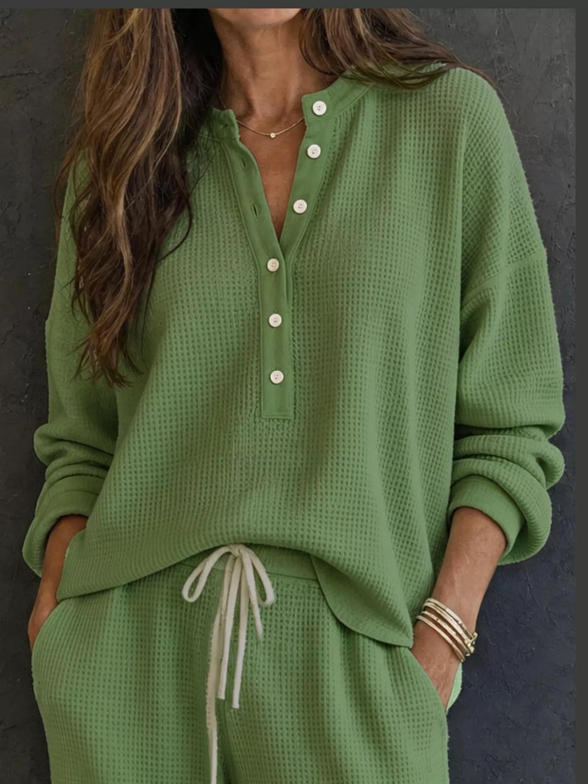 Waffle Knit Button Detail Top and Pants Set