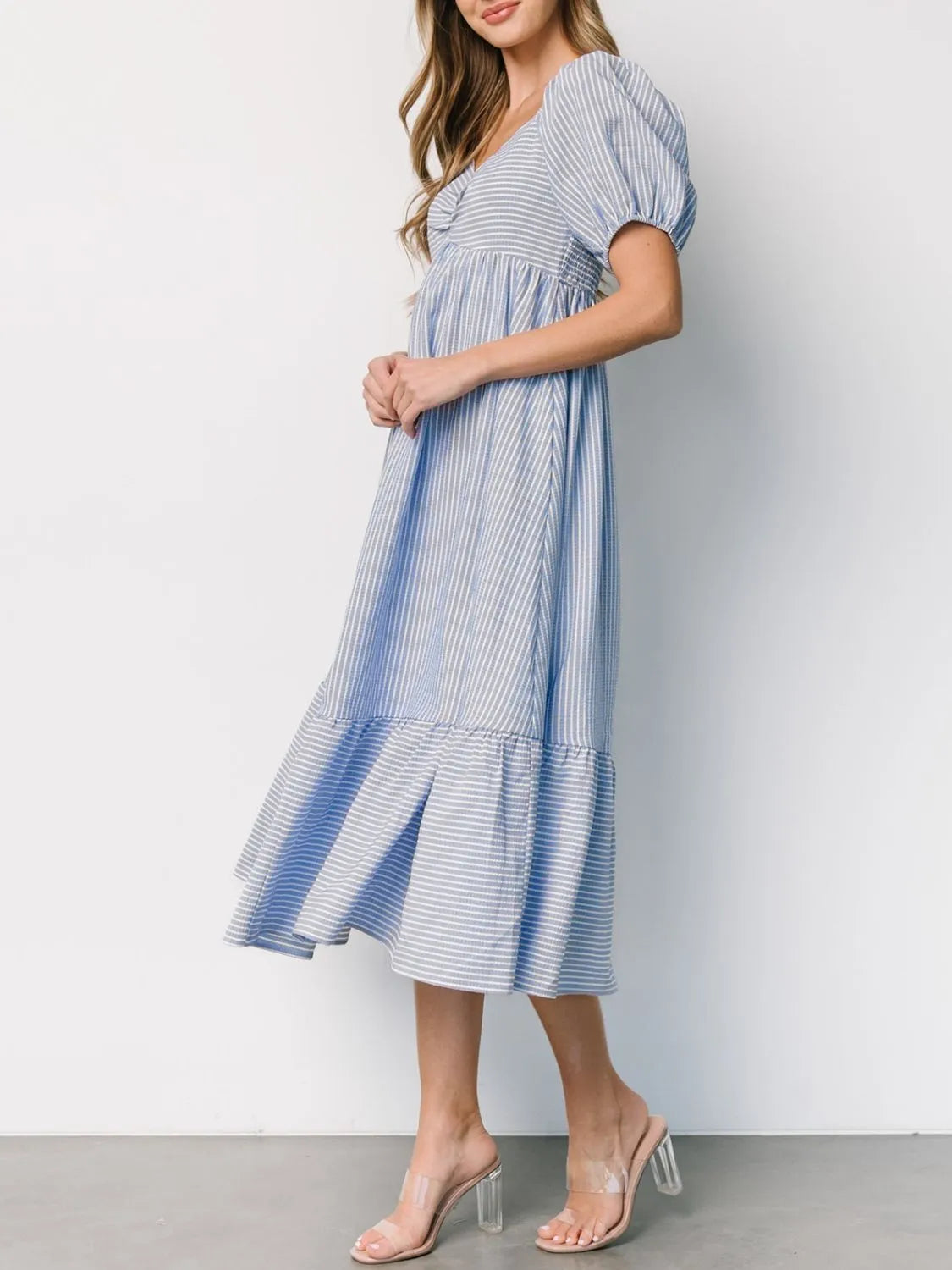 Striped Puff-Sleeve Sweetheart Midi Dress