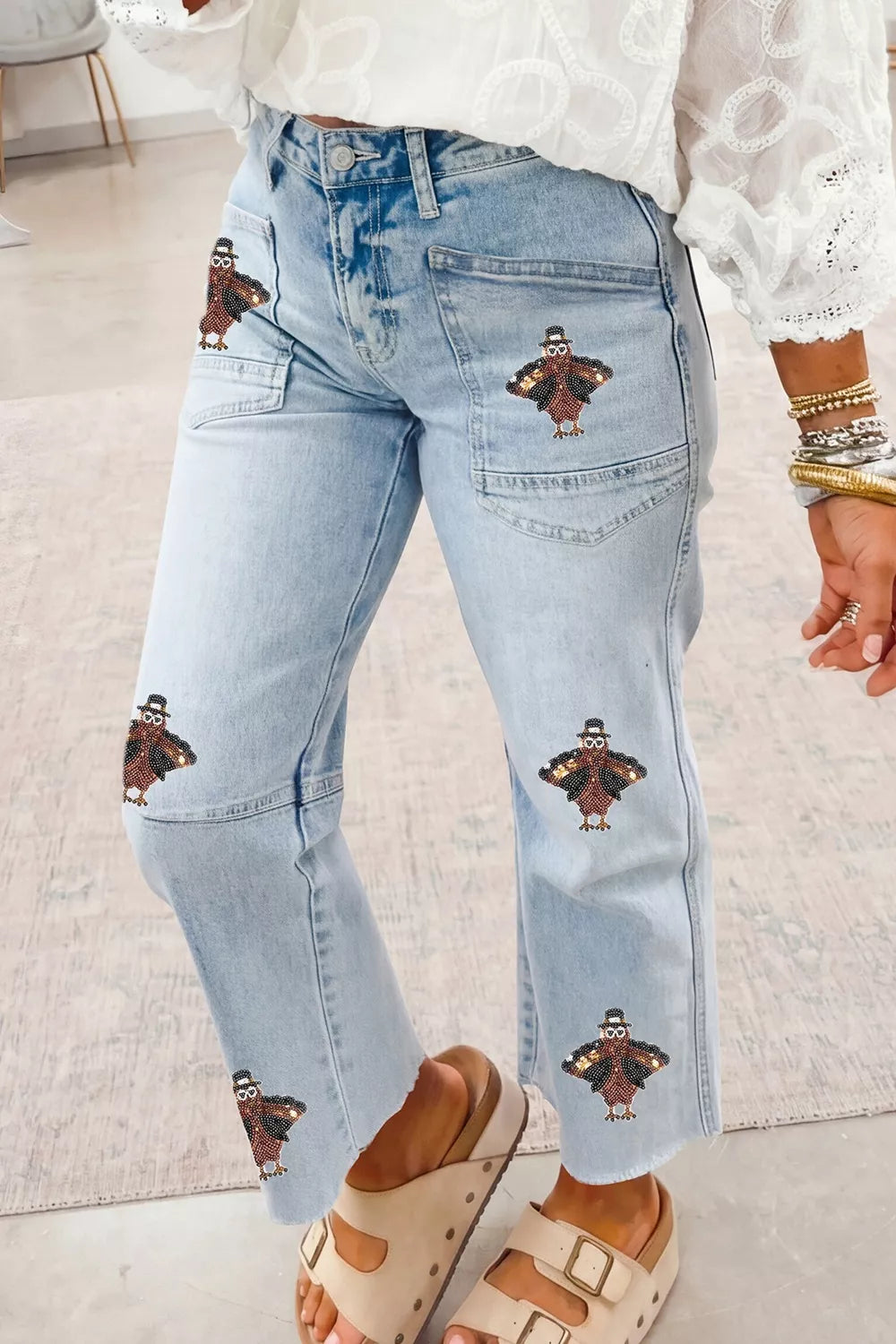 Sequin Patch Pocket Ankle Jeans in Light Blue