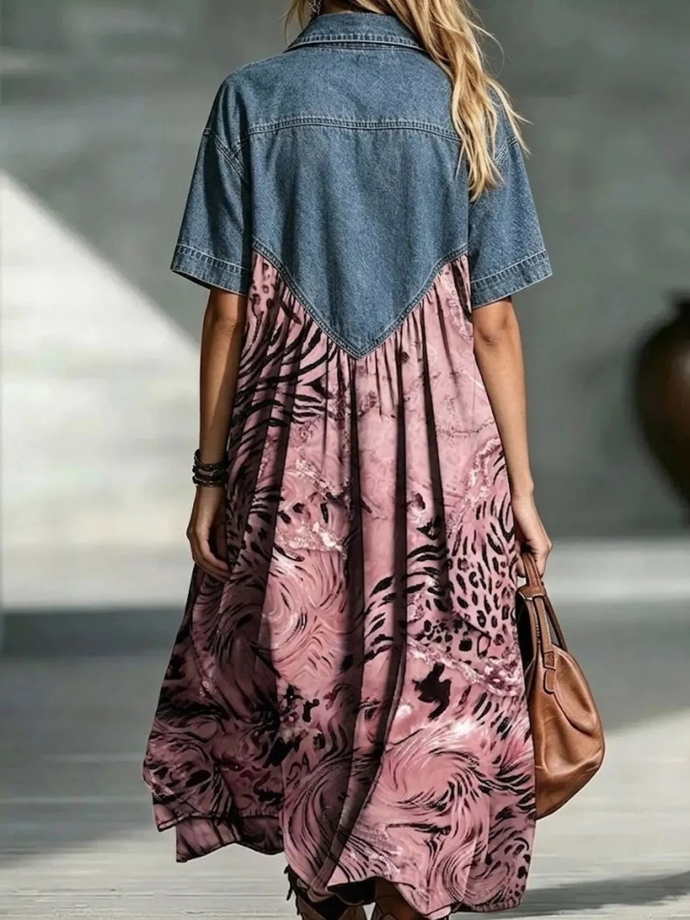 Denim Patchwork Print Shirt Dress