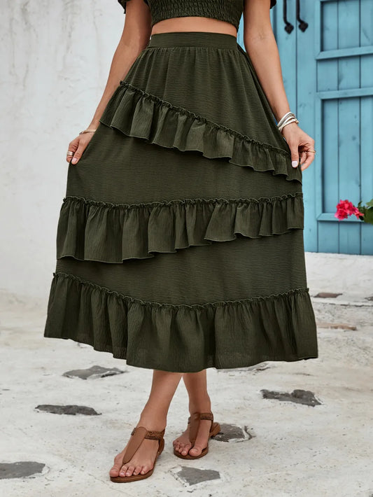 Ruffled Elastic Waist Midi Skirt in Dark Green