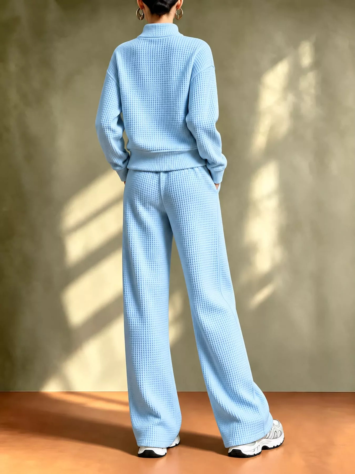 Waffle Knit Button-Up and Wide-Leg Pants Set