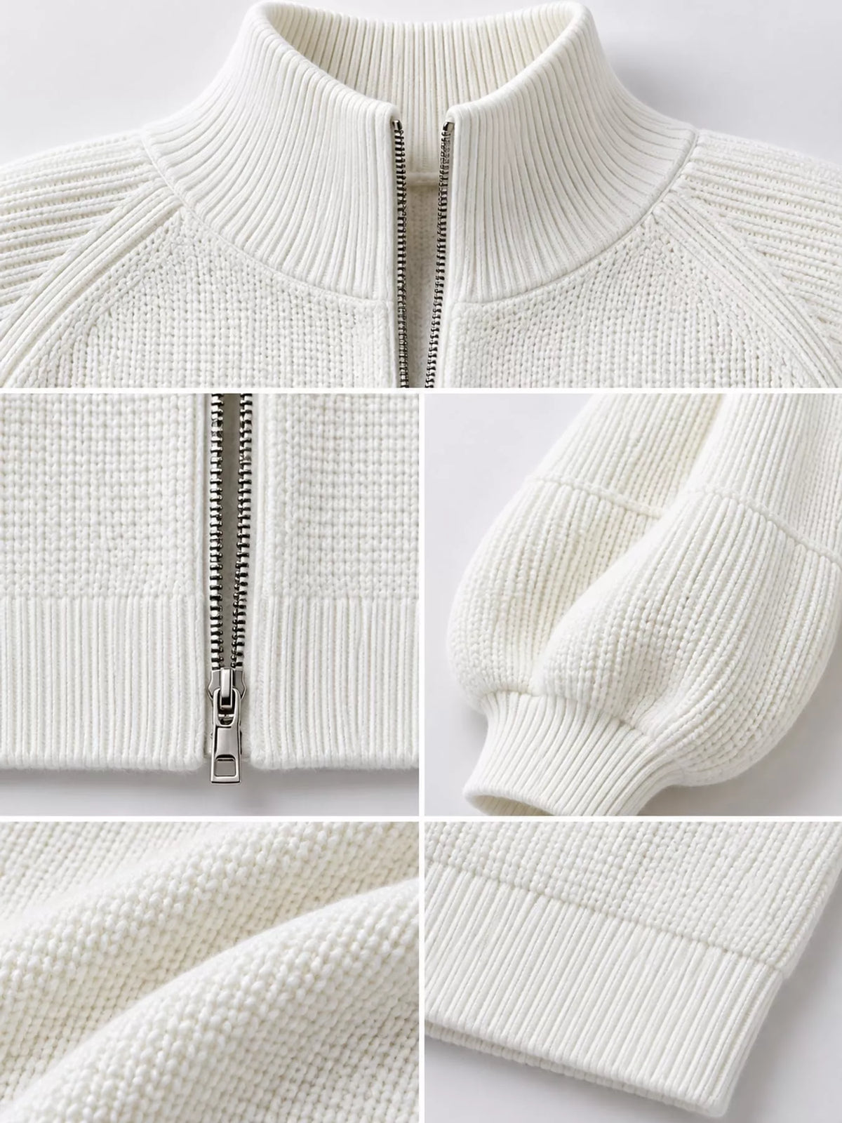 Ribbed Knit Zip-Up Cardigan with Lantern Sleeves