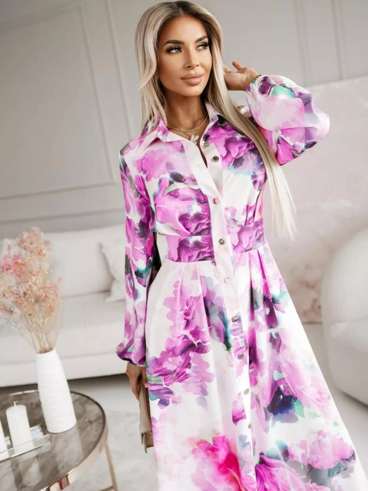 Printed Button-Front Maxi Shirt Dress