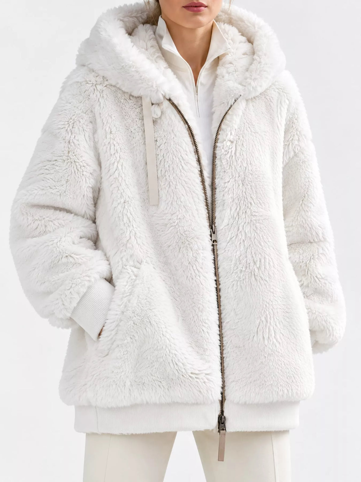 Faux Fur Hooded Zip-Up Jacket in White