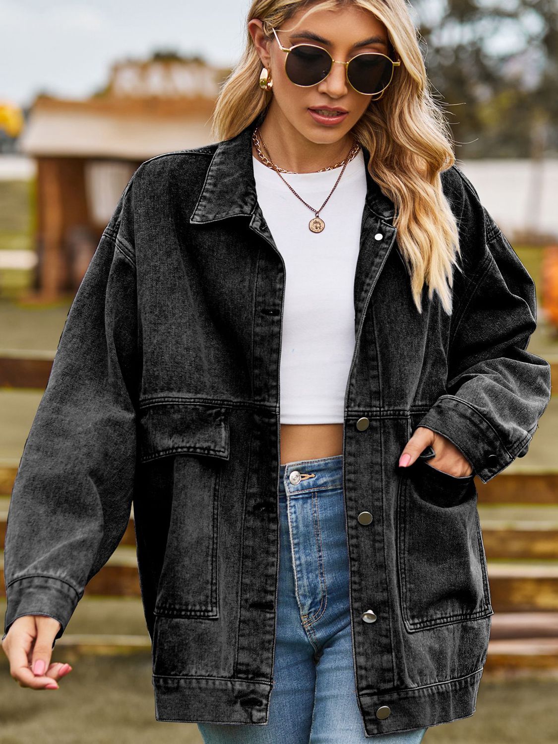 Dropped Shoulder Denim Jacket with Pockets by Manny