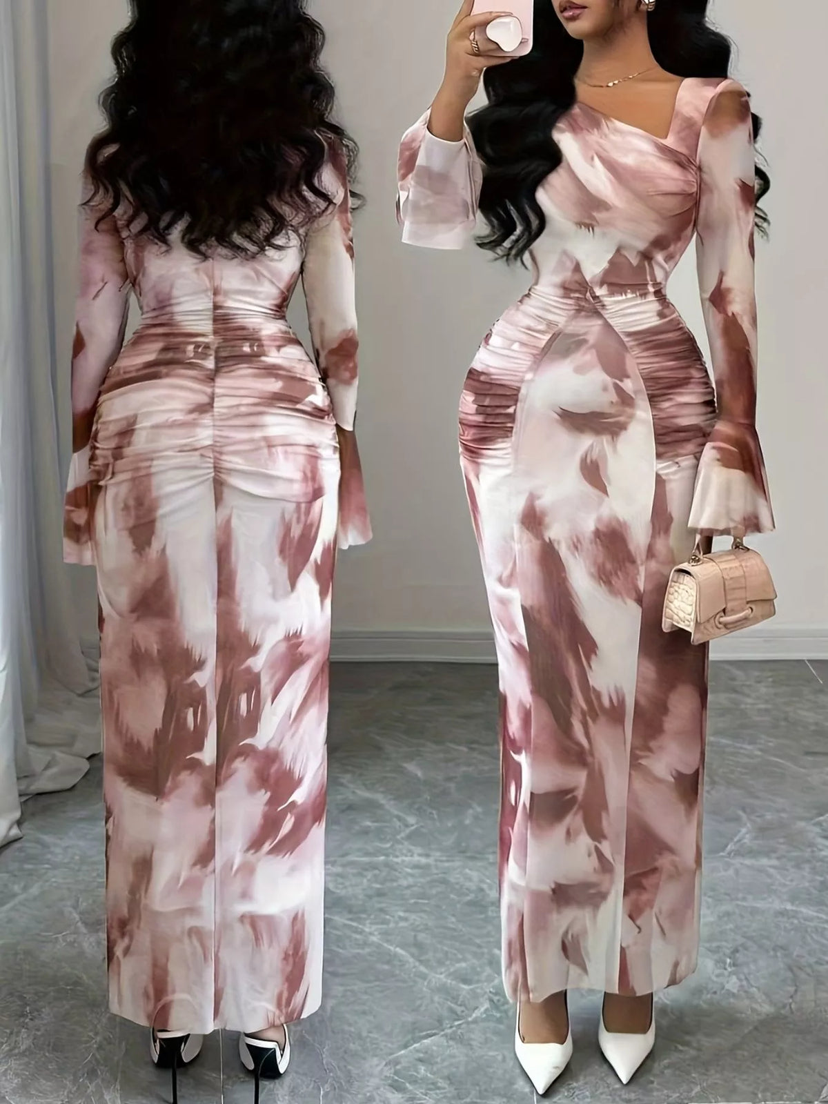 Asymmetrical Neck Long Sleeve Maxi Dress in Red