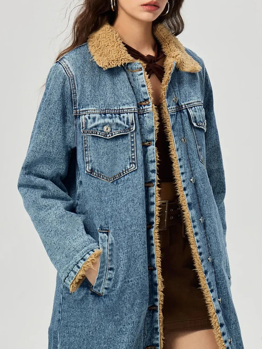 Fur Lined Denim Jacket in Medium Wash