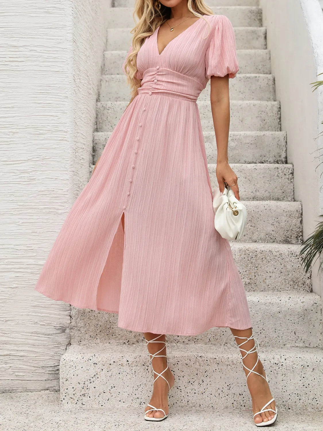 V-Neck Puff Sleeve Dress in Blush Pink