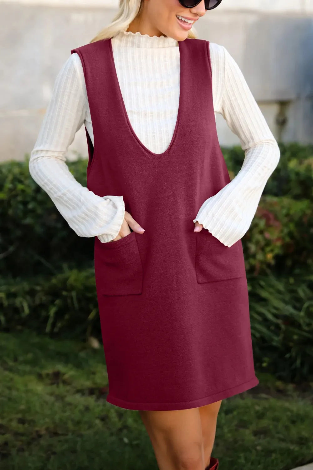Pocketed V-Neck Sweater Overall Dress