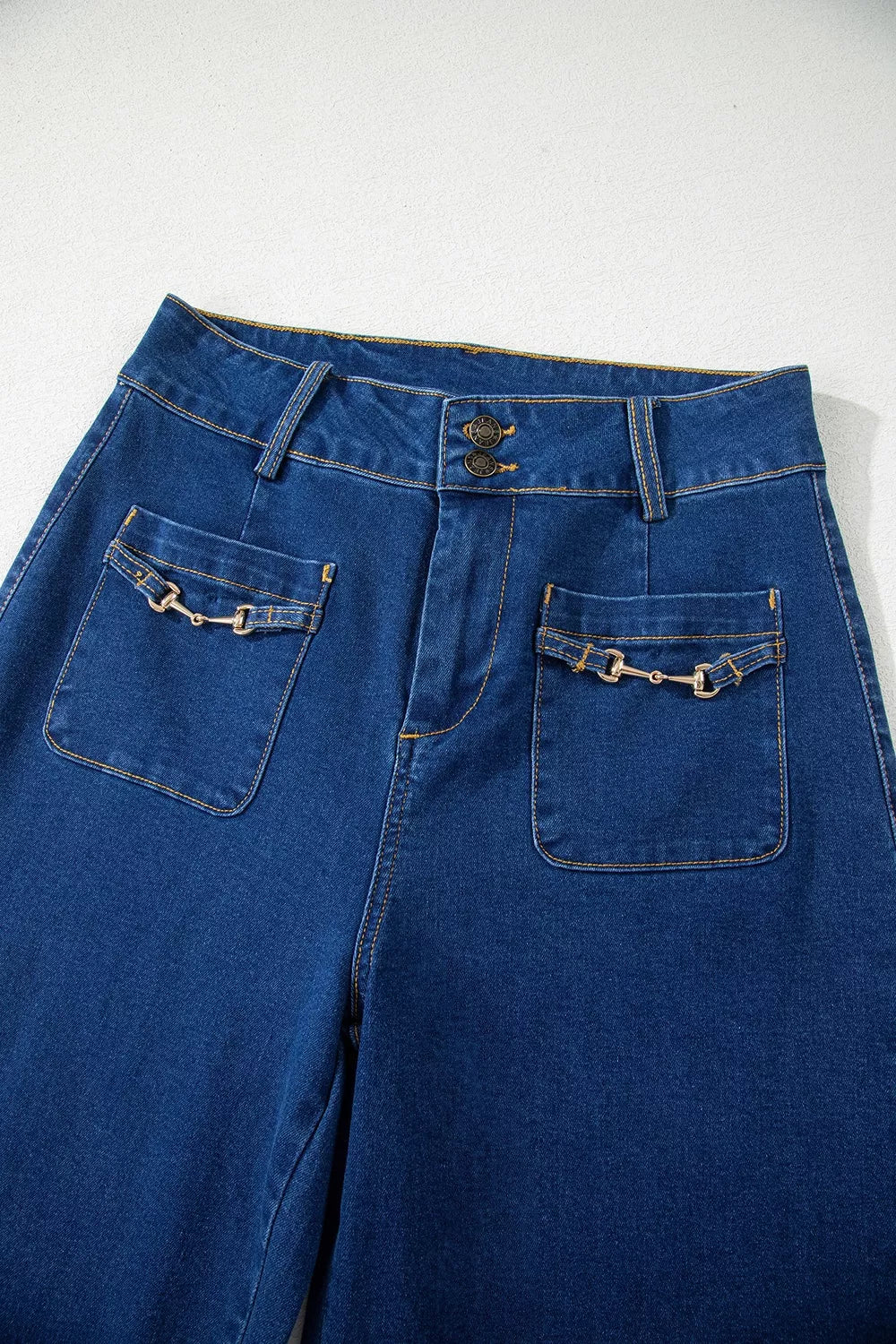 Hardware Patched Pocket Wide Leg Jeans in Navy