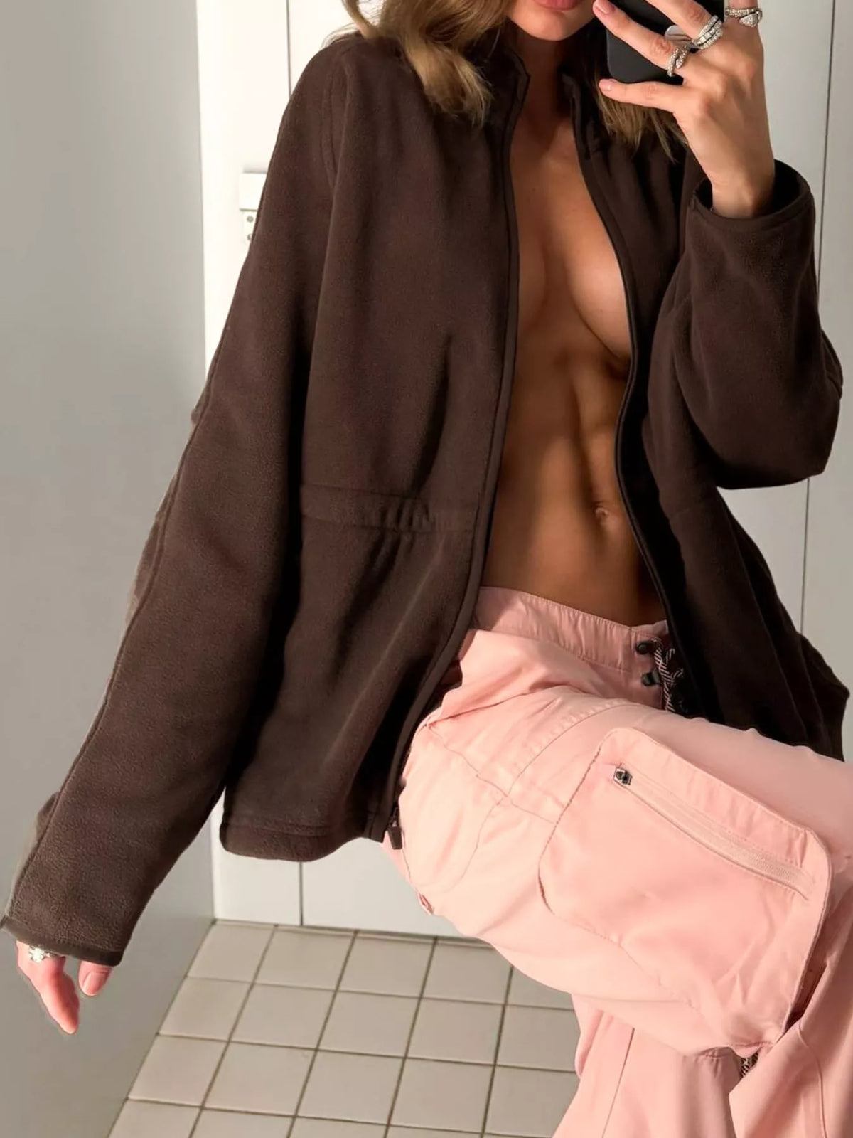 Drawstring Fleece Zip-Up Jacket