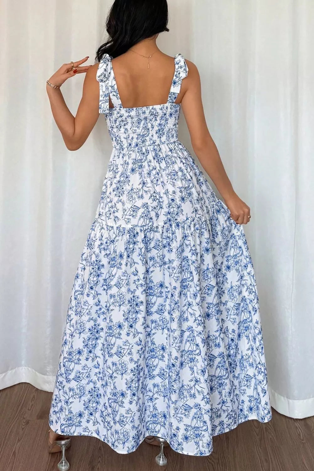 Floral Print Knot-Strap High-Waist Maxi Dress in Light Blue