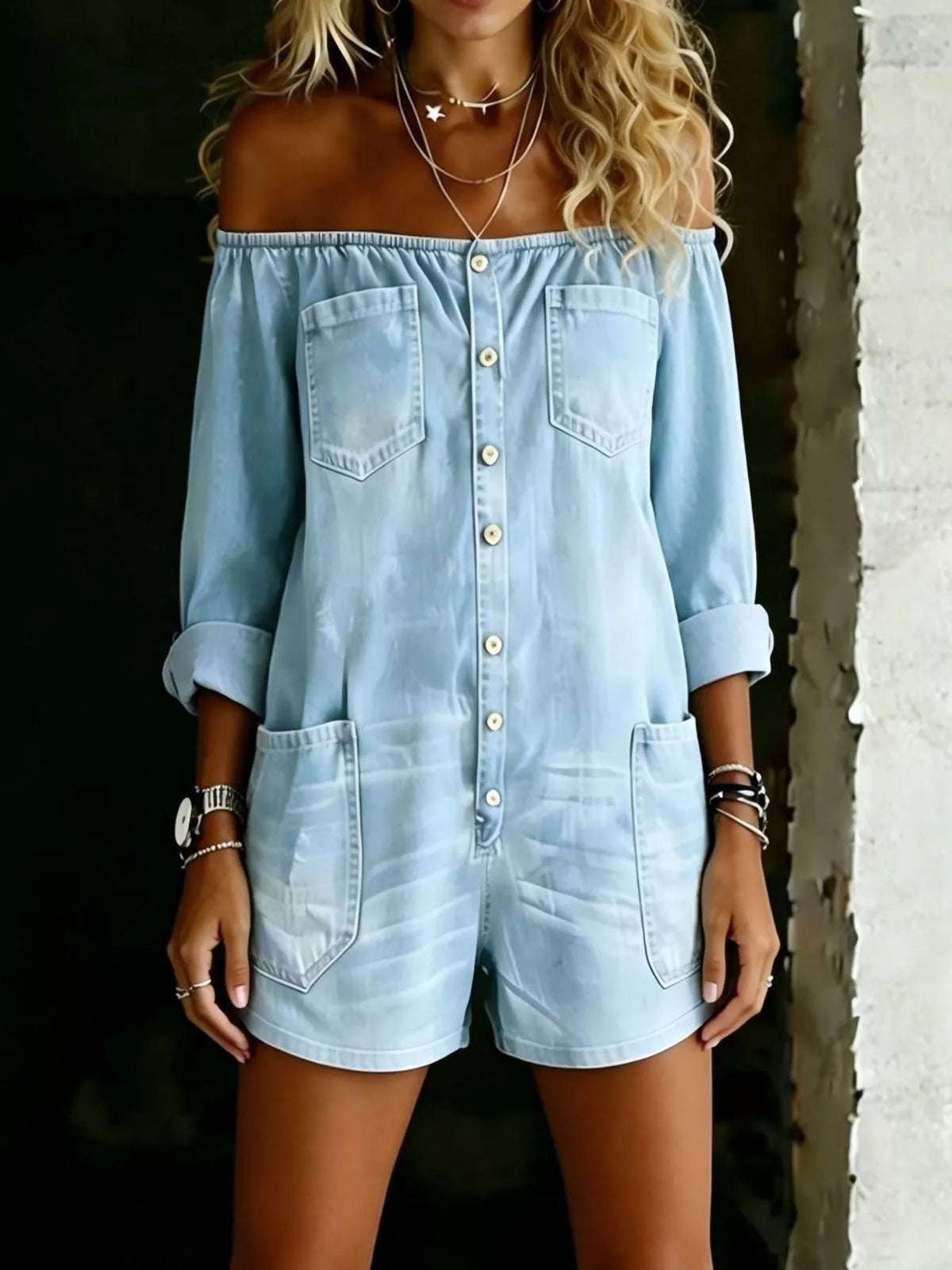 Off-Shoulder Button-Front Romper in Light Blue